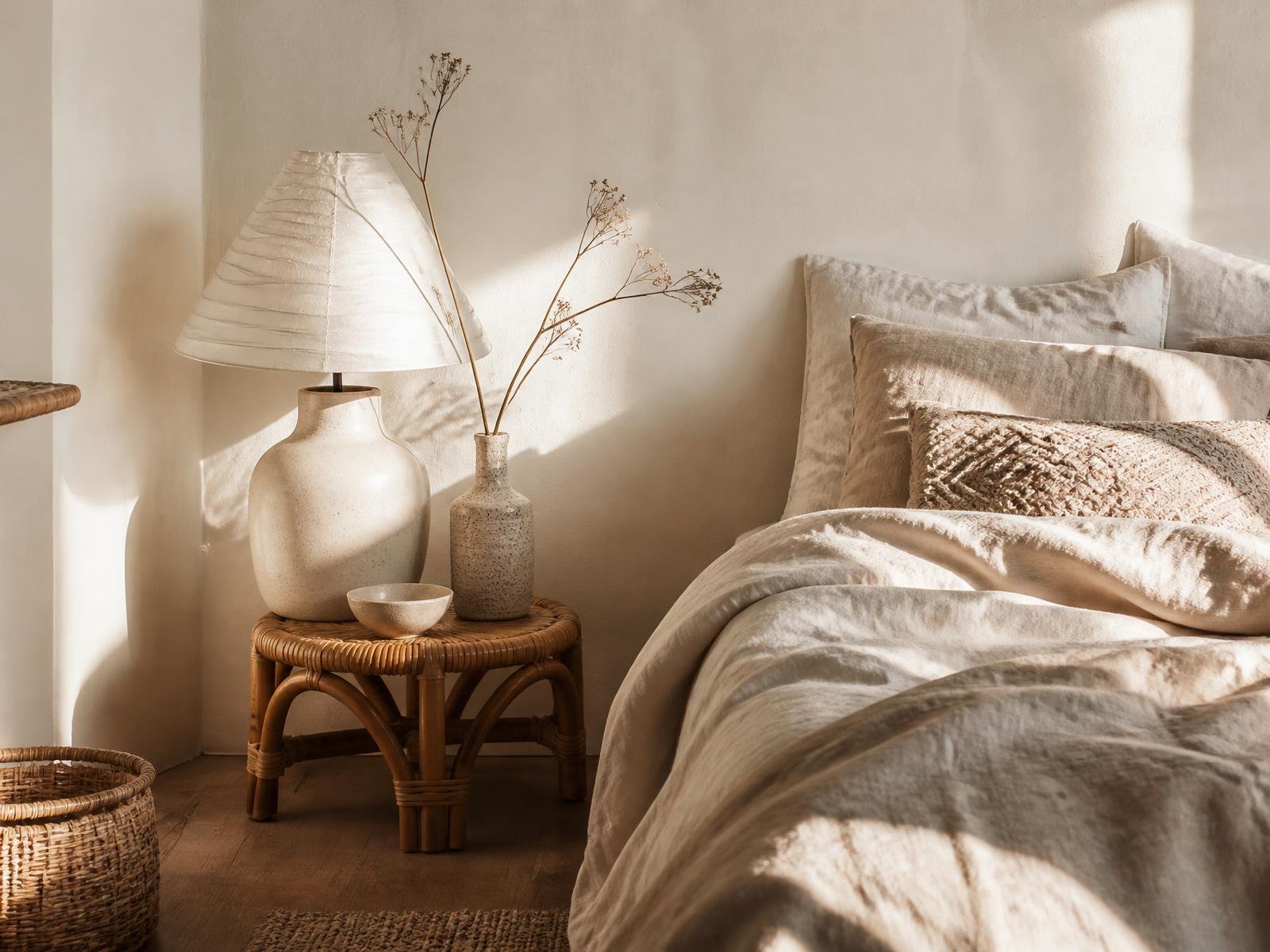 Chambre lumineuse en lin et bois, lumière du matin